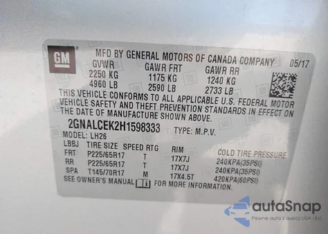 2017 Chevrolet Equinox Lt из США, поврежденный, VIN 2GNALCEK2H1598333